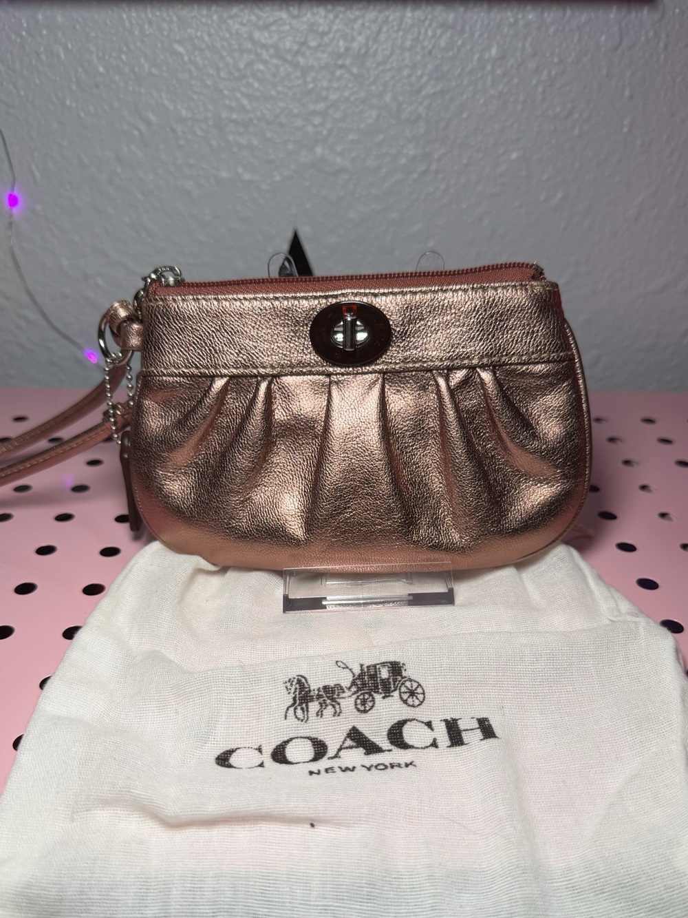 Coach Rose Gold Metallic Pleated Wristlet - Turnlock Wristlet with Dust Bag